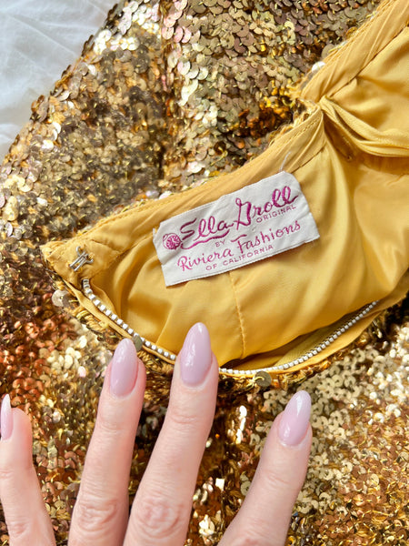1950s “Ella Groll Original by Riviera Fashions of California” 2 Piece Gold Sequin Cocktail Ensemble