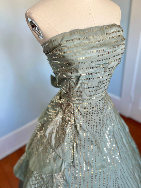 Late 1940s Custom Couture Silk Sequined Petal Gown Inspired by A/W 1949 Dior