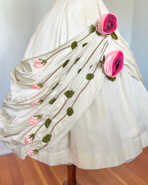 1950s Taffeta Strapless 3D Rose Party Dress in the Style of Ann Lowe