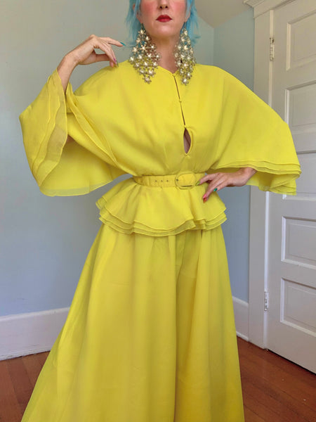 1960s “Calderón” Acid Chartreuse Yellow Crepe 3 Piece Ensemble