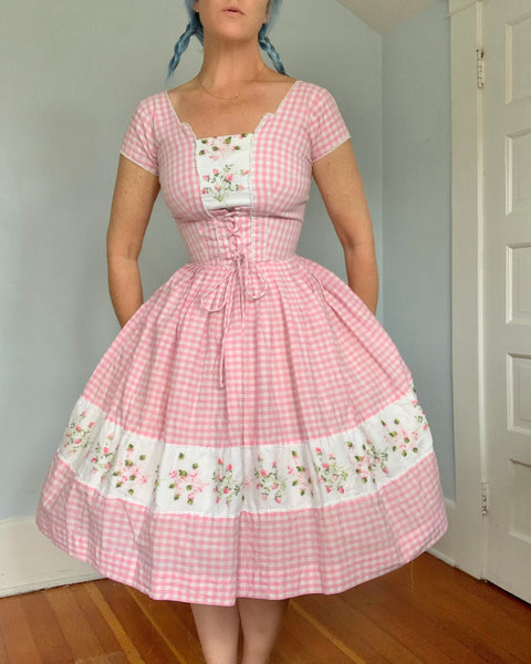 1950s Brigitte Bardot Style Gingham Cotton Corset Sundress