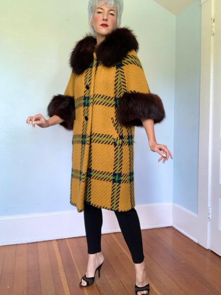 Late 1950s Woven Wool Oversized Plaid Dress Coat w/ Fox Fur Trim