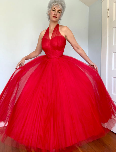 1950s Designer “Rappi” Red Accordion Pleated Tulle Halter Gown