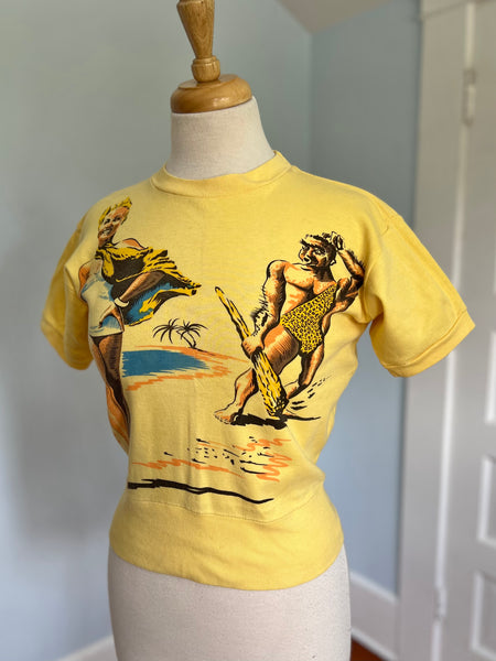 Deadstock 1950s Cotton Knit Pull-Over T-shirt w/ Caveman & Bombshell Babe