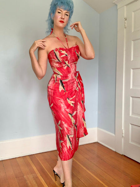 Rare 1940s Custom Made Silk Hawaiian Sarong Dress w/ Flying Fish Print