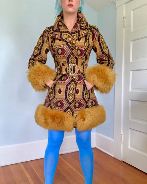 Killer 1960s Penny Lane Tapestry Coat w/ Mongolian Lamb Trim by “Country Pacer”