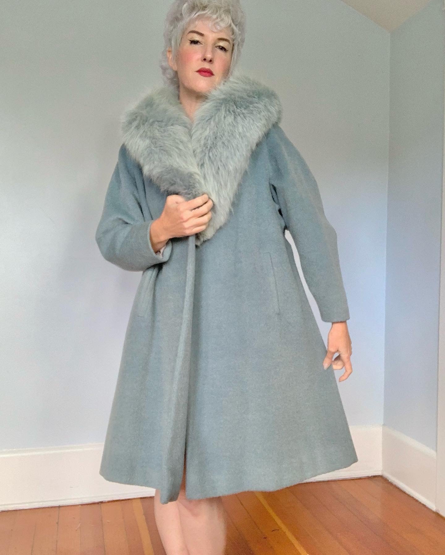 1950s Powder Blue Wool Mohair Swing Coat w/ Matching Dyed Fox Fur Collar