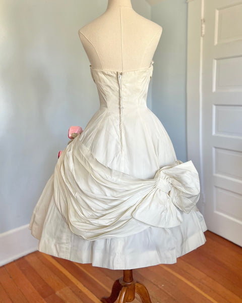 1950s Taffeta Strapless 3D Rose Party Dress in the Style of Ann Lowe