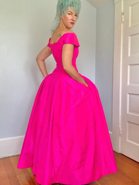 1980s “Scaasi Boutique” Neon Pink Silk Evening Gown