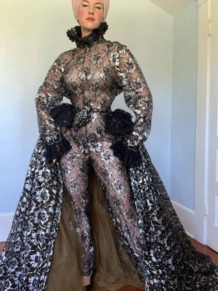 Custom Made Sheer Lace Jumpsuit & Over Skirt / Cape