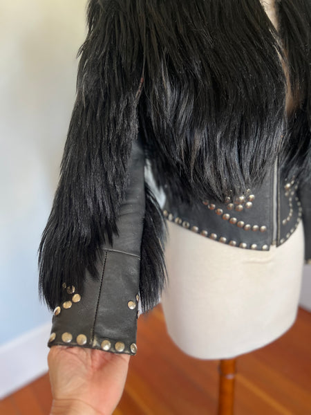 Custom Made 1970s Rocker Shaggy Goat Hair Cropped Jacket w/ Leather & Metal Stud-work