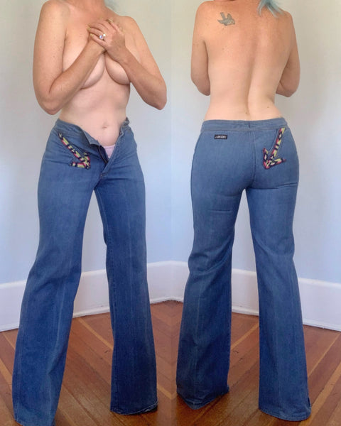 1970s Swinger High Waisted Bellbottom Jeans w/ Arrows by “Viceroy”