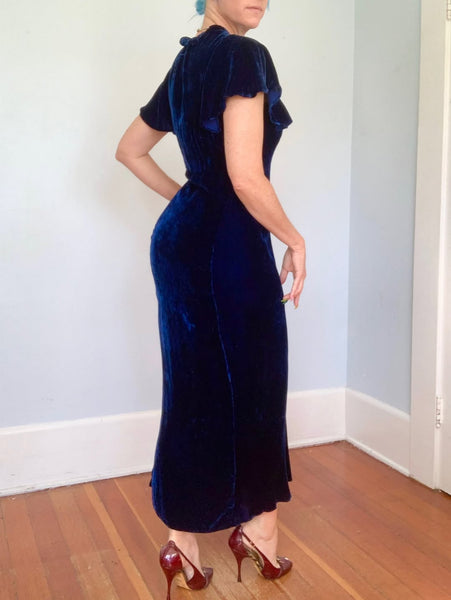 Custom 1930s Sapphire Silk Velvet Evening Gown