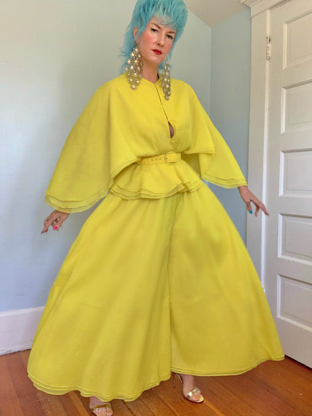 1960s “Calderón” Acid Chartreuse Yellow Crepe 3 Piece Ensemble