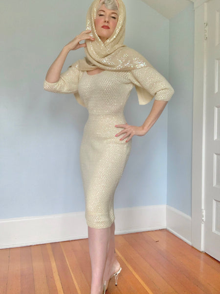1960s “Gene Shelly’s Boutique Internationale” Hand Knit Sequined Cocktail Dress & Shawl