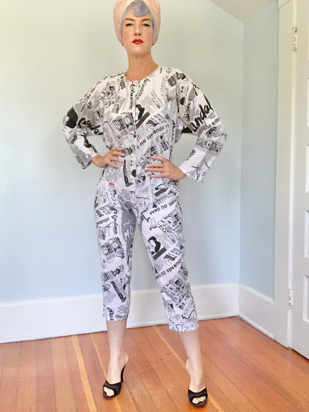 1980s French Magazine Novelty Print Cotton Jumpsuit