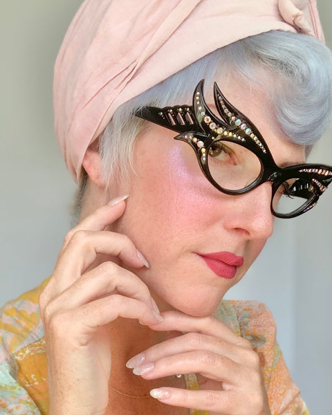 Custom Handmade French 1950s Winged Cateye Rhinestone Glasses