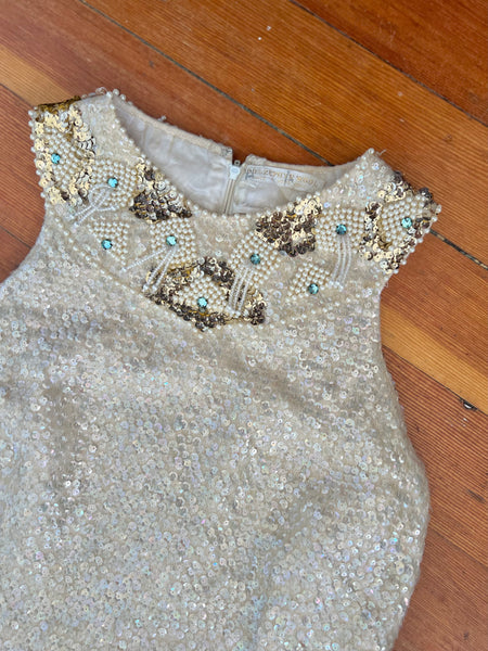 Custom 1960s Cleopatra Style Wool Iridescent Sequin Covered Cocktail Dress