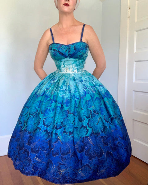 1950s “Alfred Shaheen” Ombré Blue Hand Printed Hibiscus Cotton Sundress