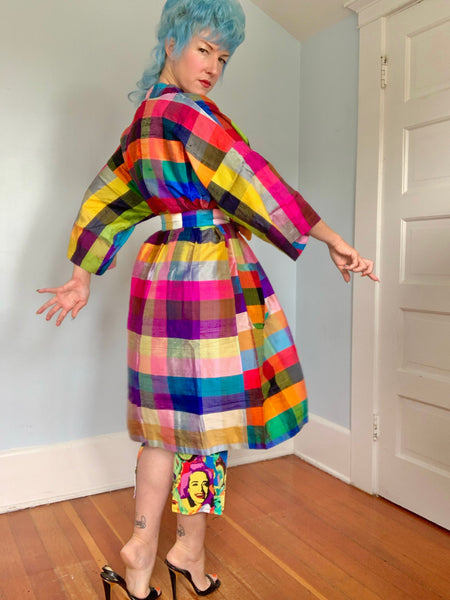 1960s Thai Raw Silk Madras Plaid Robe / Coat