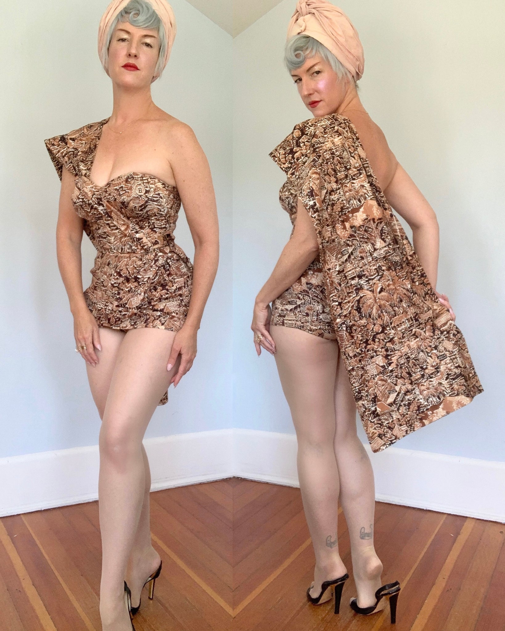 1950s Rare “Alfred Shaheen” Playsuit w/ Draped Shawl