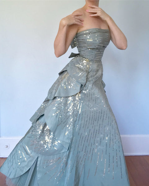 Late 1940s Custom Couture Silk Sequined Petal Gown Inspired by A/W 1949 Dior