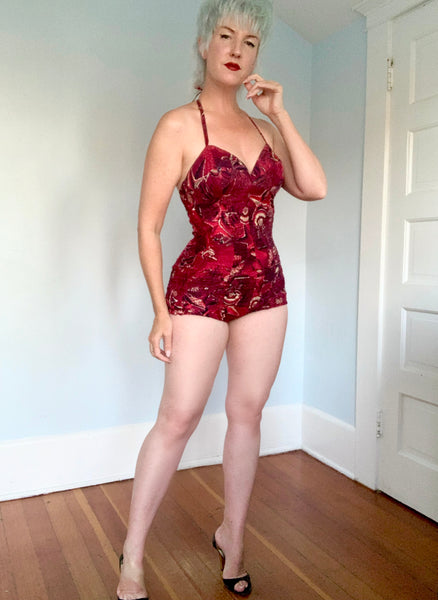 1940s “Alfred Shaheen” Sealife Ruched Cotton Bathing Suit