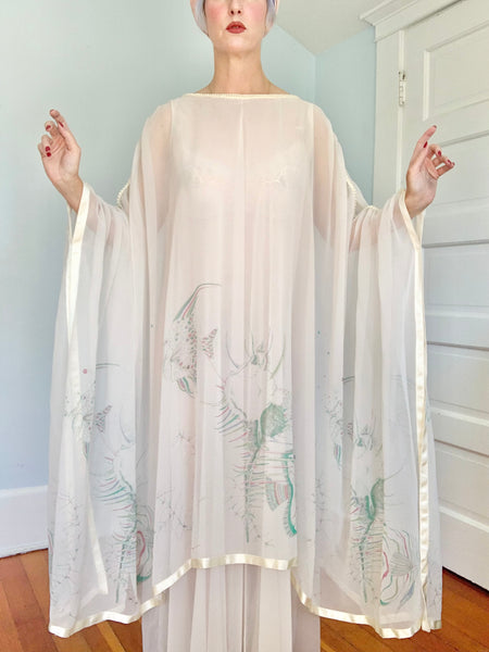 1970s “Jean Varon” Sheer Chiffon Sealife Motif Caftan Gown