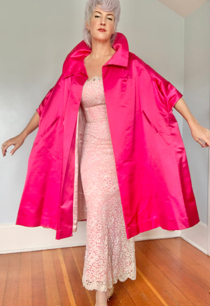 Couture 1950s Barbie Pink Silk Peau de Soie Extreme Trapeze Coat