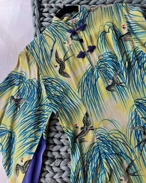 1940s Pure Silk Crepe Hawaiian Pake Muu w/ Japanese Swallows by “The Liberty House”