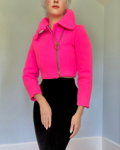 1960s Hot Pink Wool Cropped & Fitted Moto Jacket for “Marshall Field & Co.”