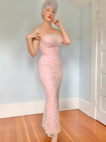 1960s Strapless Extreme Hourglass Evening Gown in Handmade Lace Over Hot Pink Silk Chiffon