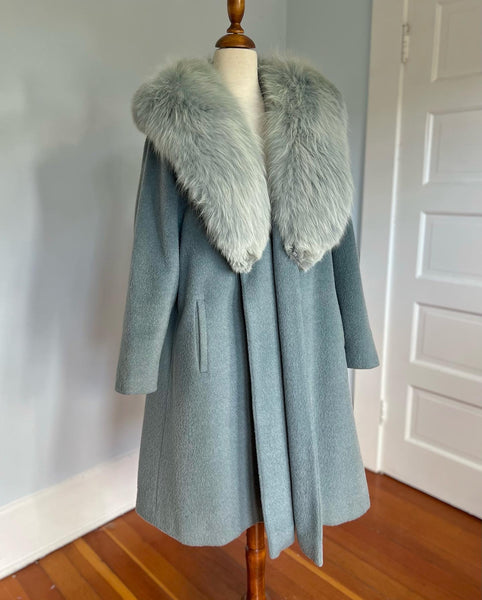1950s Powder Blue Wool Mohair Swing Coat w/ Matching Dyed Fox Fur Collar