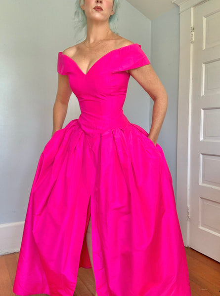 1980s “Scaasi Boutique” Neon Pink Silk Evening Gown