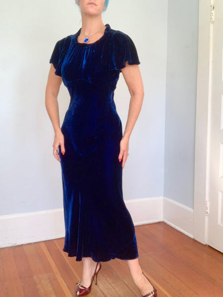 Custom 1930s Sapphire Silk Velvet Evening Gown