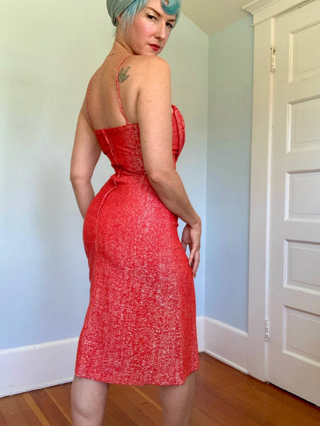 1950s Style Metallic Red Lurex Draped Cocktail Dress