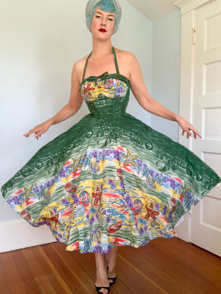 1950s “Miss Hawaii” Nylon Painted Ocean Sealife Print Halter Hawaiian Sundress