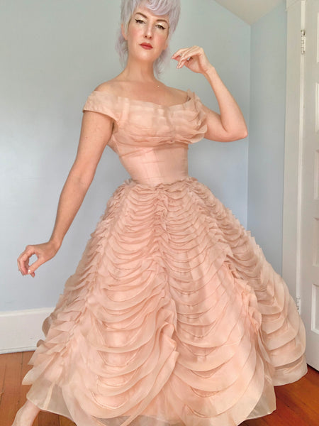 Documented 1954 “Ceil Chapman” Silk Organza Sculptural Ruffled Party Dress