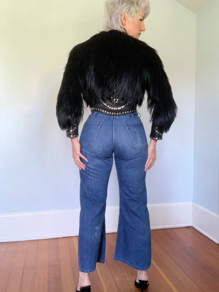 Custom Made 1970s Rocker Shaggy Goat Hair Cropped Jacket w/ Leather & Metal Stud-work
