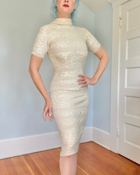 1960s Hand Made Wool Knit Cocktail Dress Covered in Sequins by “Imperial”