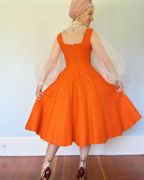 Gorgeous 1950s Pumpkin Orange Linen Pinafore Dress