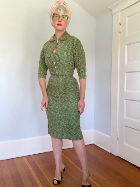 Deadstock Salesman’s Sample 1940s Rayon Boucle Knit 3 Piece Sweater Dress Set