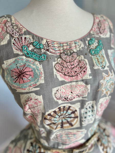 1950s Cotton Seashell Novelty Print Sundress w/ Belt