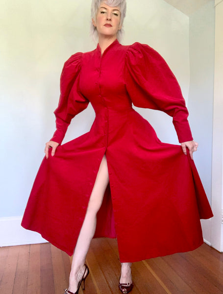 1980s Crimson Red Soft Cotton Corduroy Day Dress w/ Huge Pleated Shoulders & Skirt by "The J. Peterman Co. - Lexington, Kentucky"