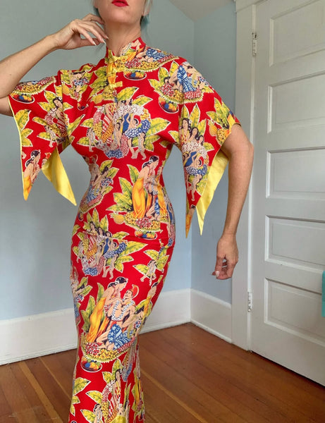 1940s Cold Rayon Hawaiian Pake Muu in Eugene Savage Print by “Kahana Manufacturing Co.”
