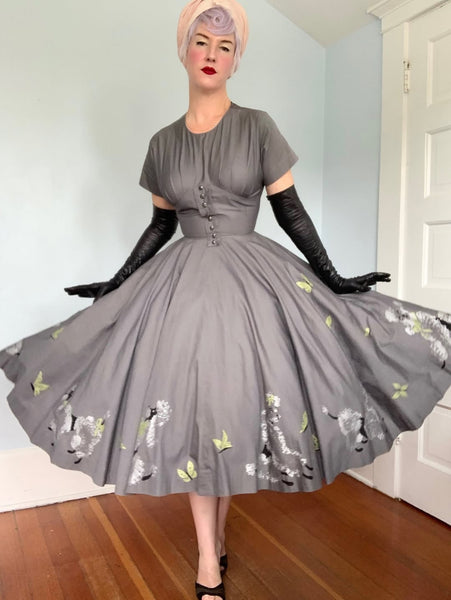 1950s Poodle Novelty Border Print Cotton Day Dress