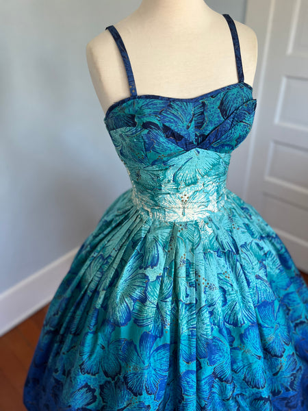 1950s “Alfred Shaheen” Ombré Blue Hand Printed Hibiscus Cotton Sundress