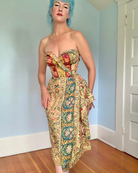 1940s Hand Printed Indian Cotton Sarong Dress