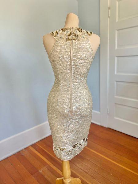 Custom 1960s Cleopatra Style Wool Iridescent Sequin Covered Cocktail Dress