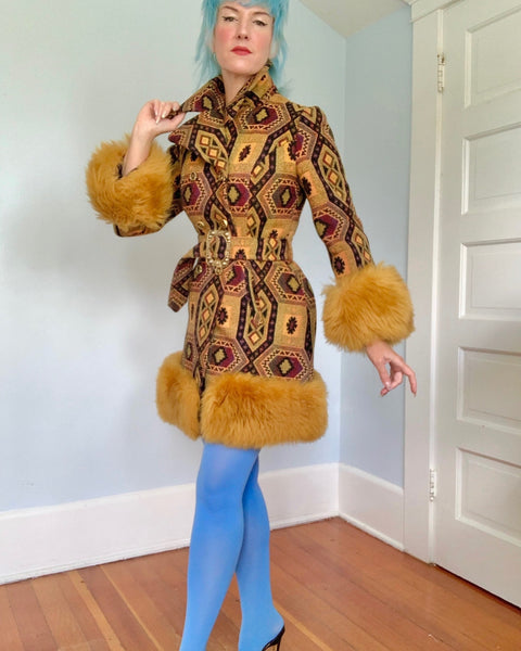 Killer 1960s Penny Lane Tapestry Coat w/ Mongolian Lamb Trim by “Country Pacer”